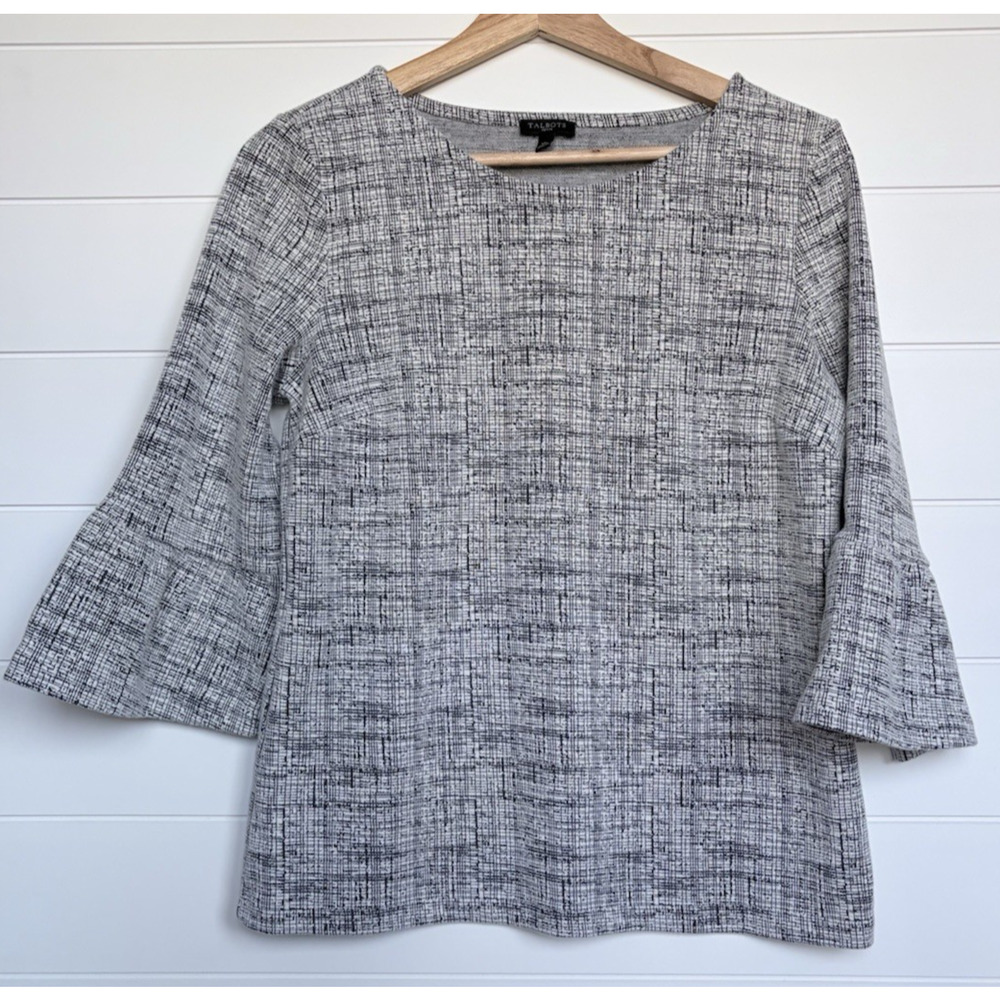Talbots Petite M Textured Knit Top 3/4 Bell Sleeves Black White Gray Career